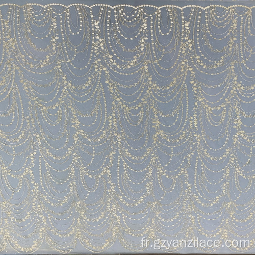 Tissu de maille de dentelle de paillettes chimiques blanc cassé